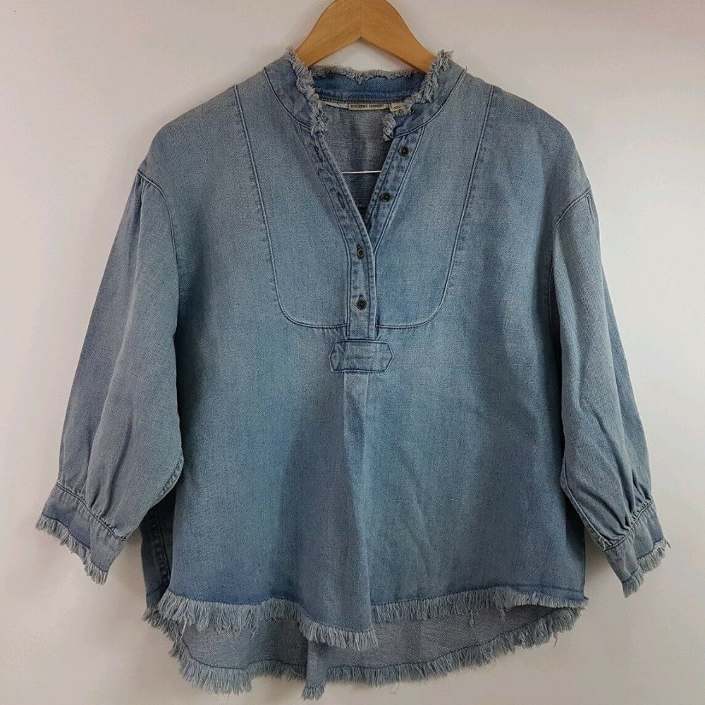 Holding Horses Raw Edge Denim Popover Tunic Blouse Linen Blend